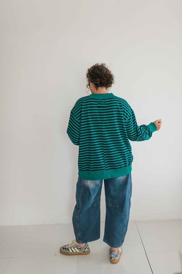 oversized stripe mock neck terry pullover | emerald + navy