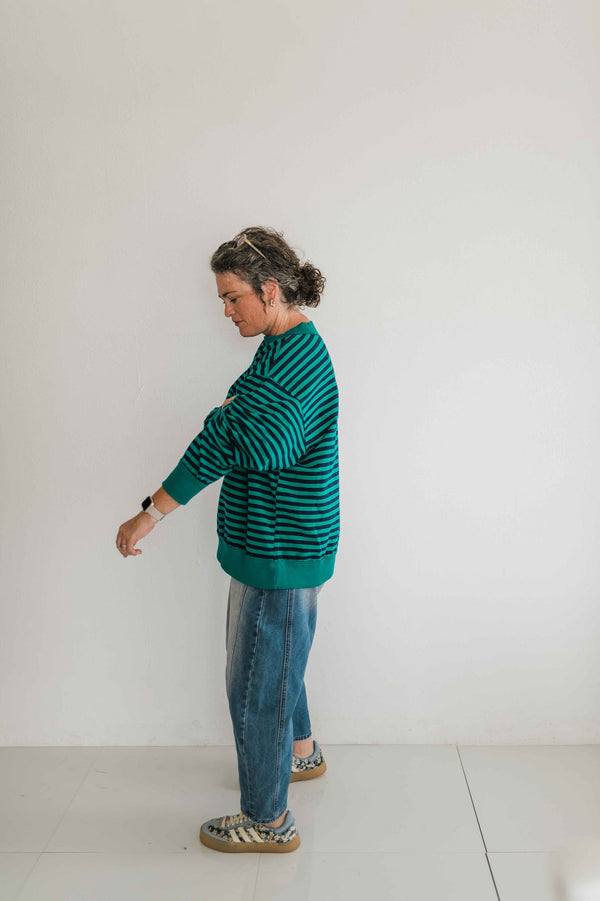 oversized stripe mock neck terry pullover | emerald + navy