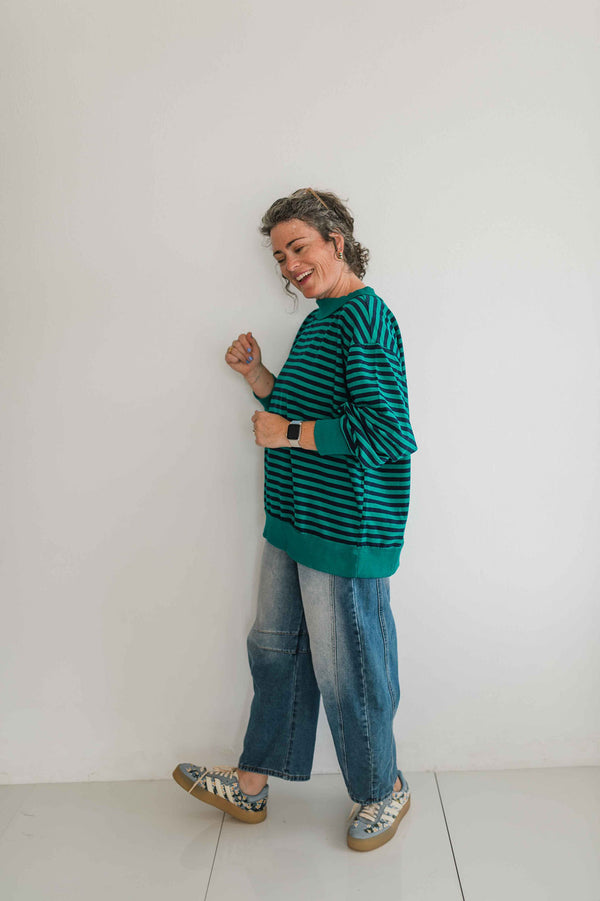 oversized stripe mock neck terry pullover | emerald + navy