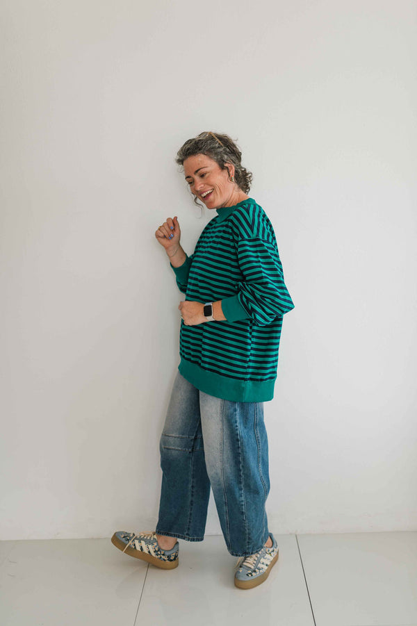 oversized stripe mock neck terry pullover | emerald + navy