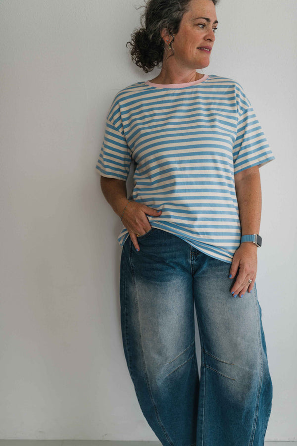 stripe tee | sky blue + pink