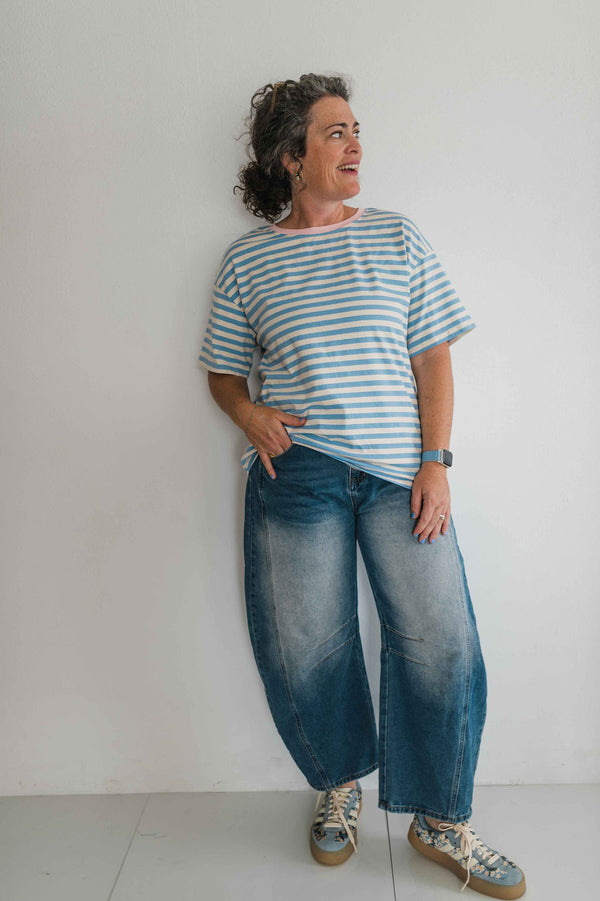 stripe tee | sky blue + pink