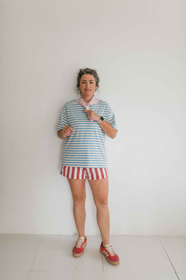 stripe tee | sky blue + pink