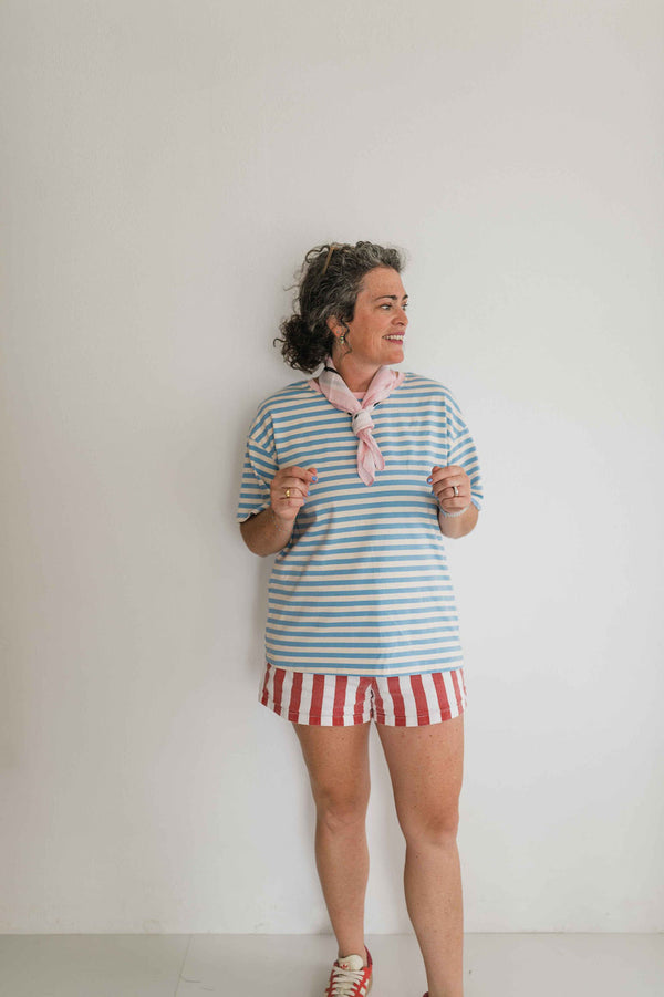 stripe tee | sky blue + pink