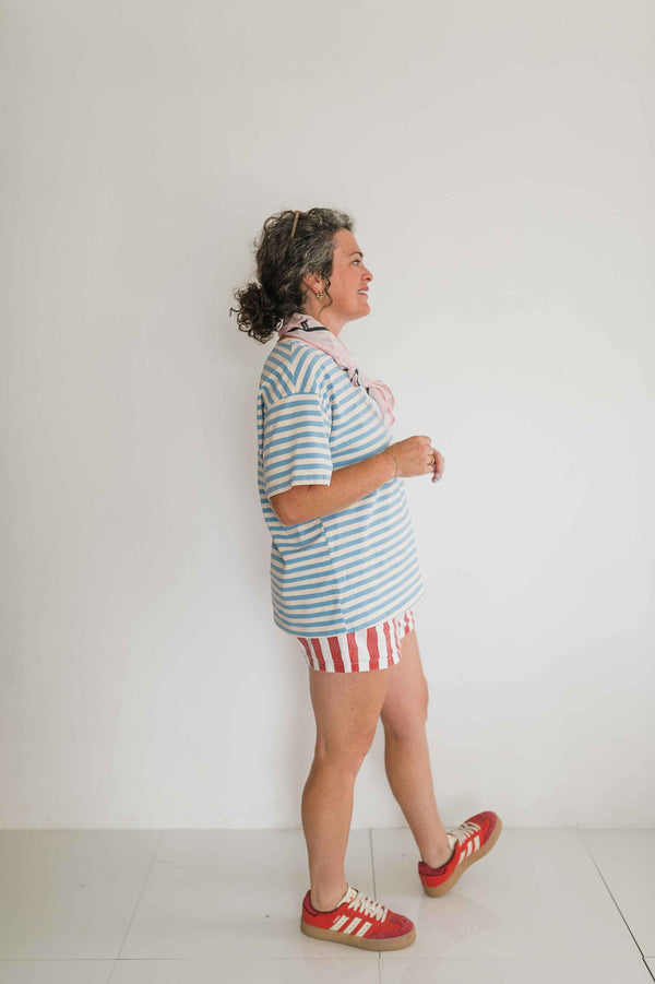 stripe tee | sky blue + pink