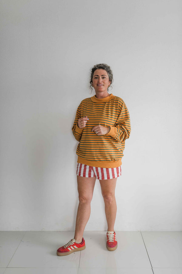 oversized french terry striped pullover | mustard + teal