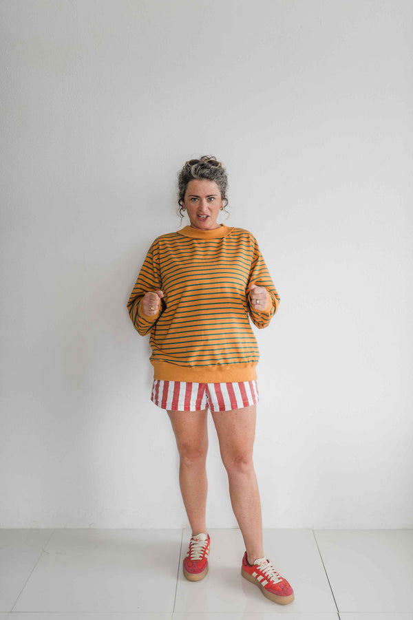 oversized french terry striped pullover | mustard + teal