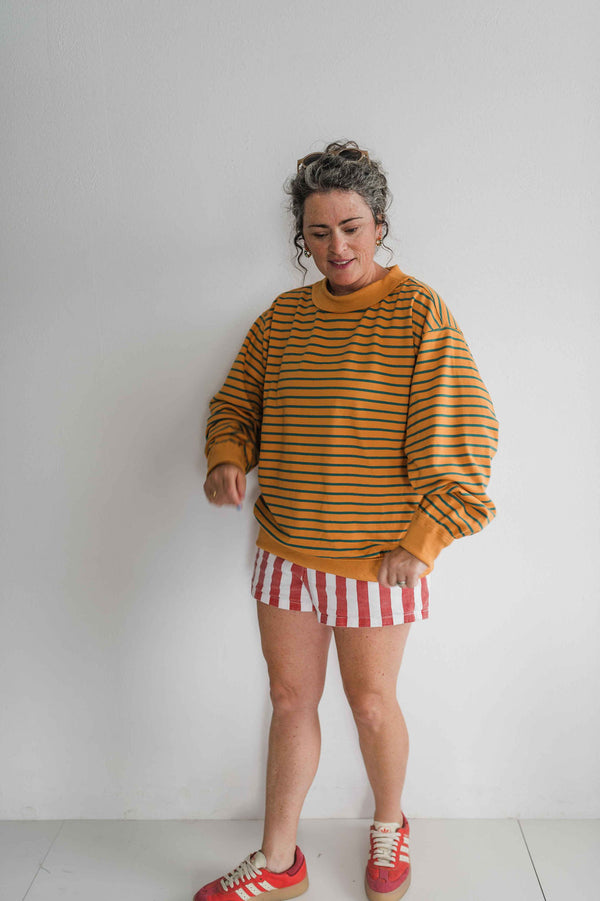 oversized french terry striped pullover | mustard + teal