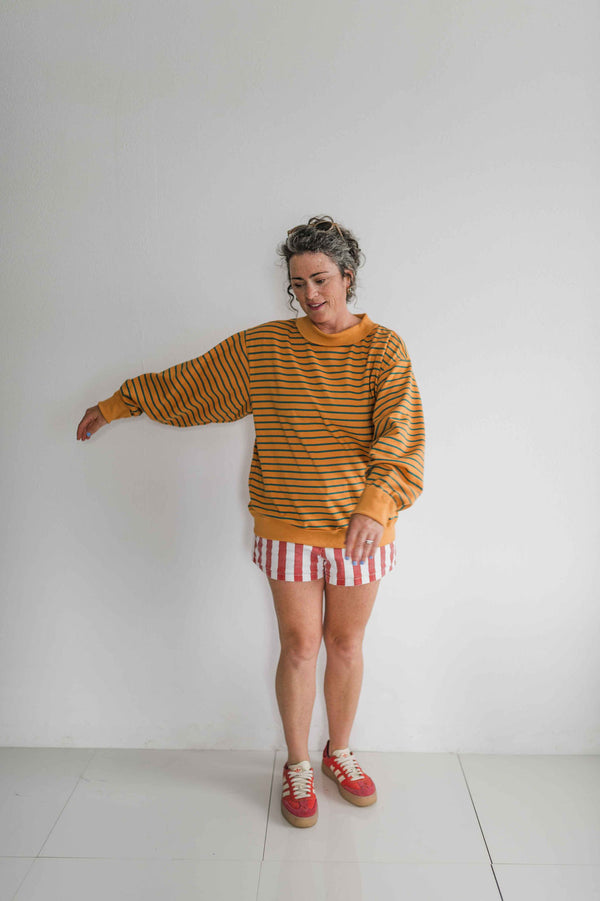 oversized french terry striped pullover | mustard + teal