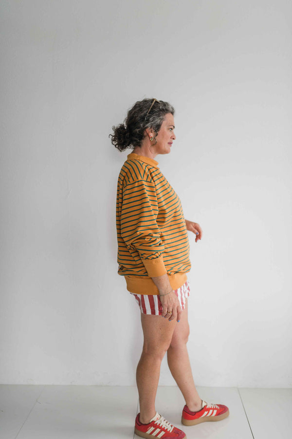 oversized french terry striped pullover | mustard + teal