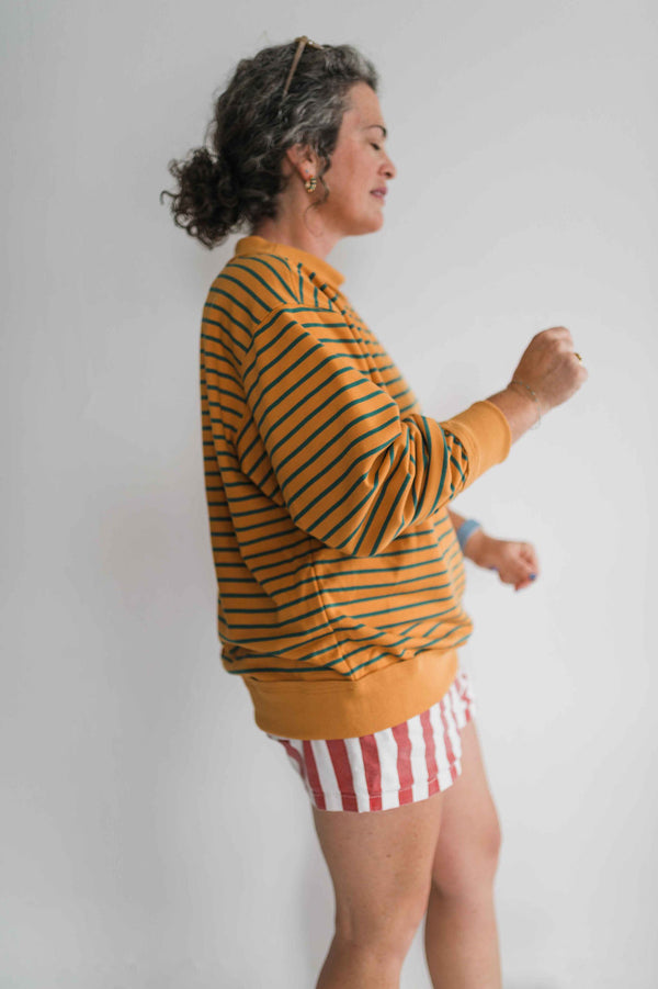 oversized french terry striped pullover | mustard + teal