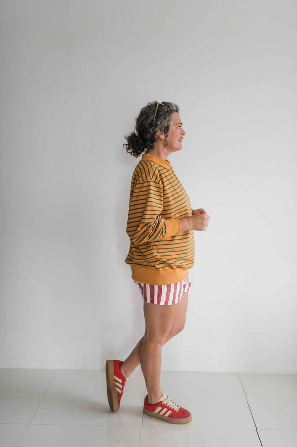 oversized french terry striped pullover | mustard + teal