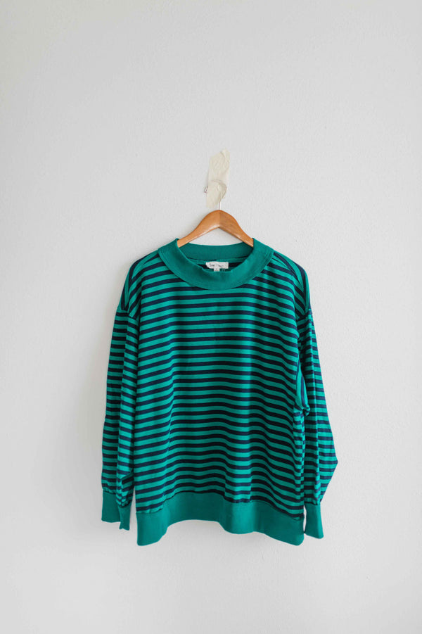 oversized stripe mock neck terry pullover | emerald + navy