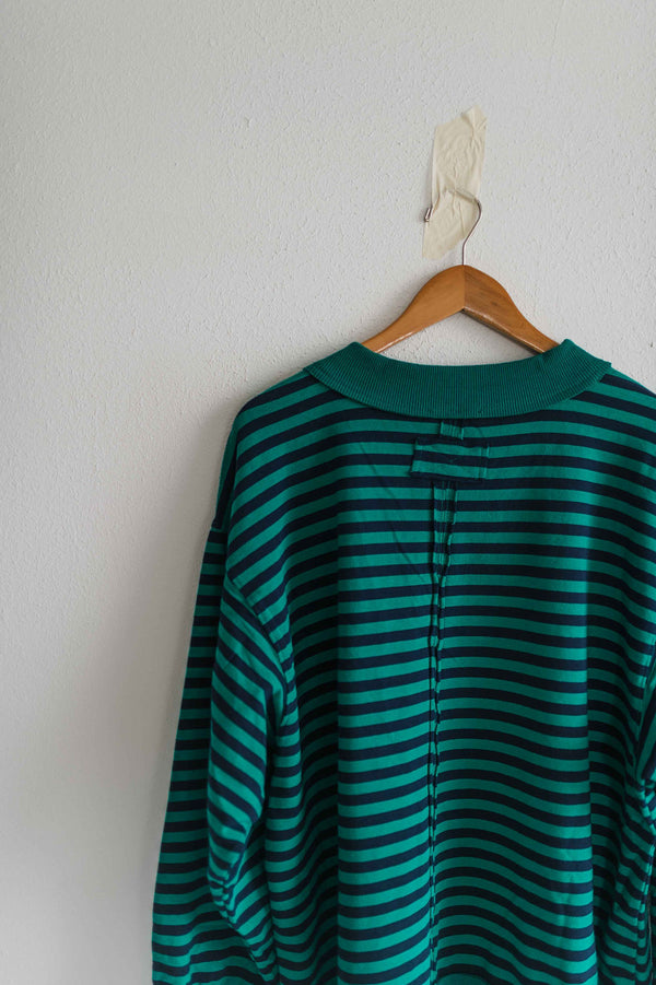 oversized stripe mock neck terry pullover | emerald + navy