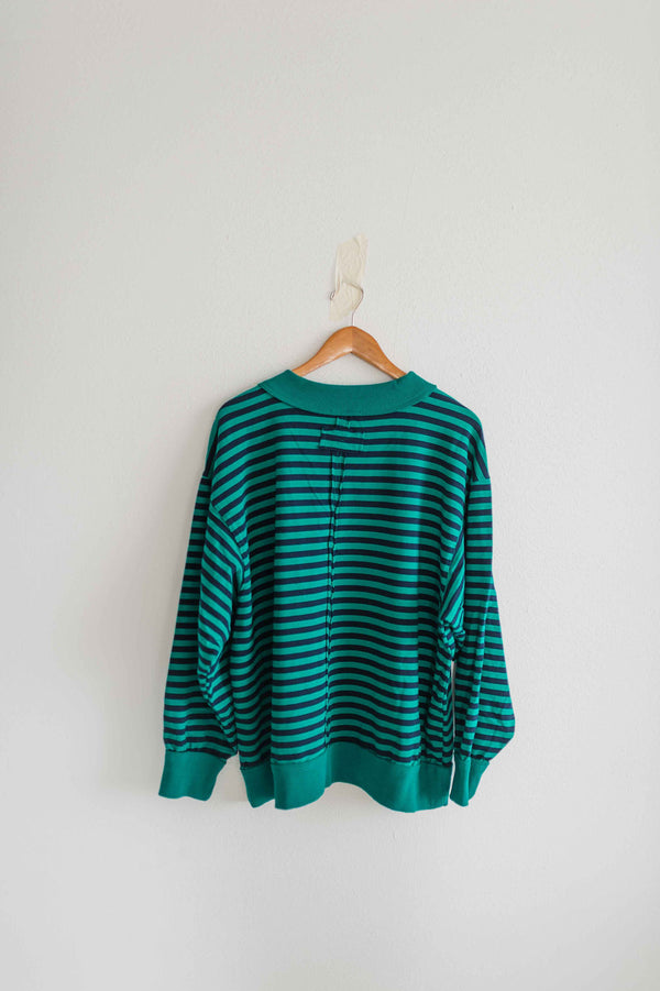 oversized stripe mock neck terry pullover | emerald + navy