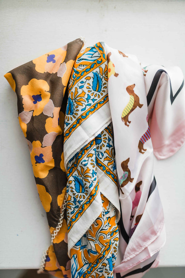 retro printed poppy bandana | orange + brown