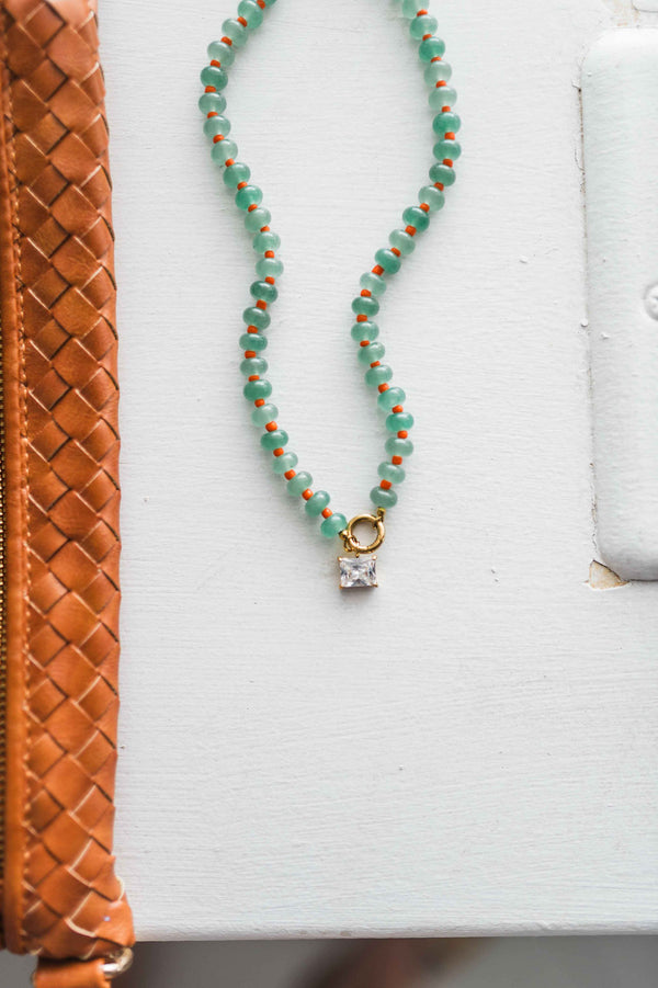 boho beaded cz necklace | green