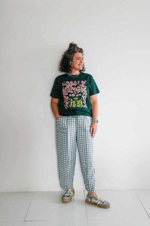 soft check barrel pants | blue grey