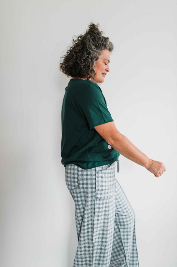 soft check barrel pants | blue grey