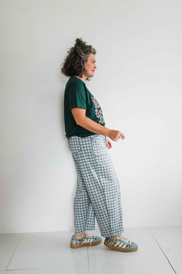 soft check barrel pants | blue grey