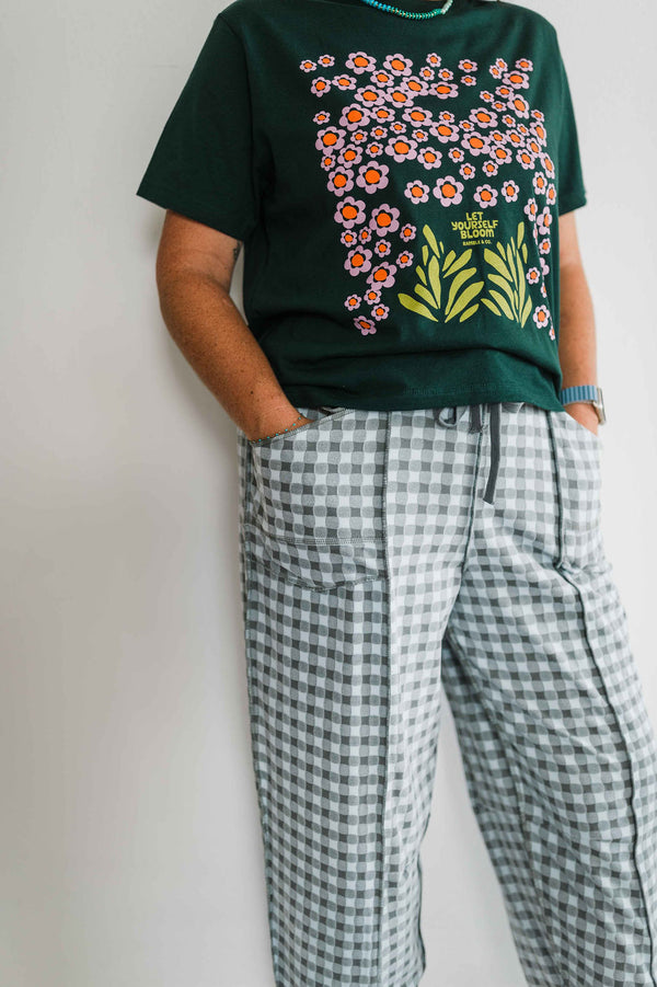 soft check barrel pants | blue grey