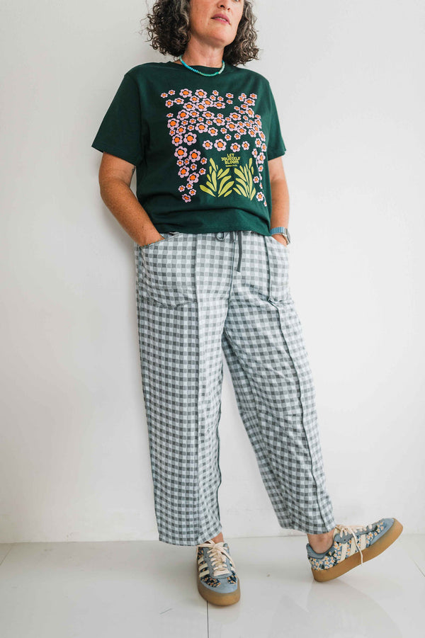 soft check barrel pants | blue grey