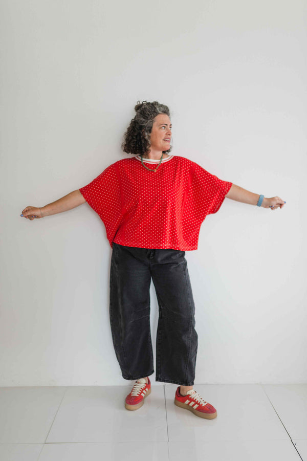 polka dot oversized top | red + white