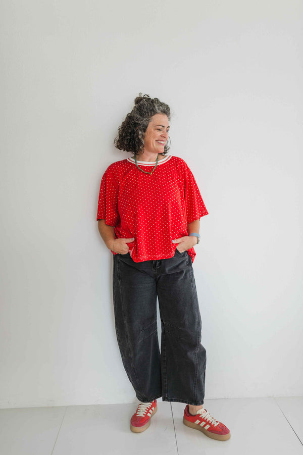 polka dot oversized top | red + white