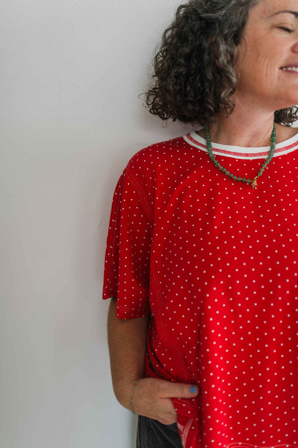 polka dot oversized top | red + white