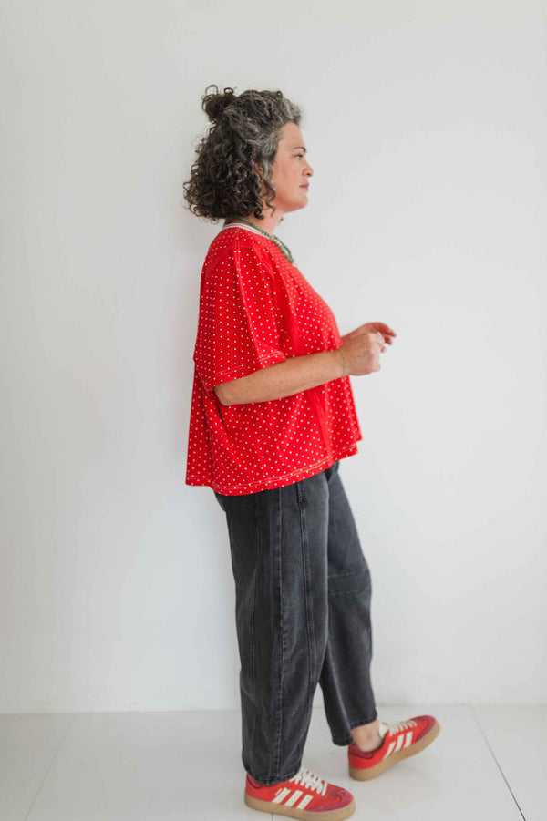 polka dot oversized top | red + white
