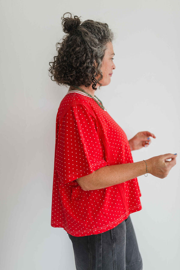 polka dot oversized top | red + white