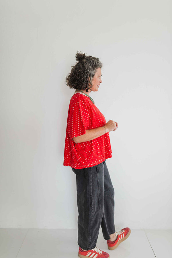 polka dot oversized top | red + white