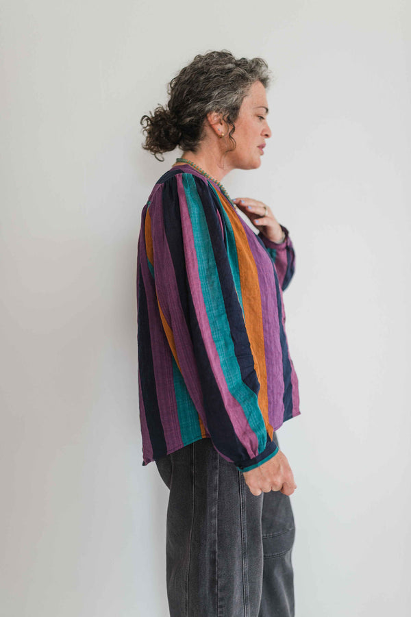 jewel tone button front top | stripes