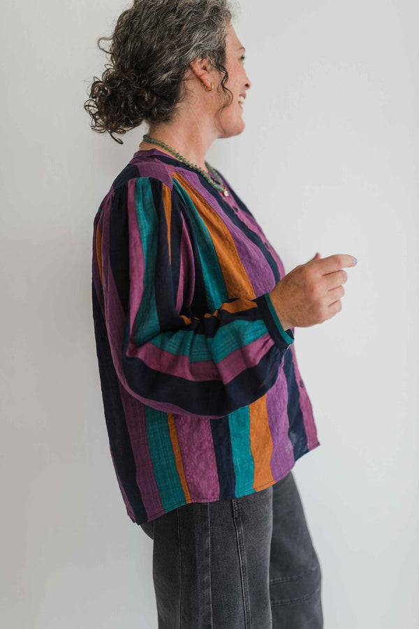 jewel tone button front top | stripes