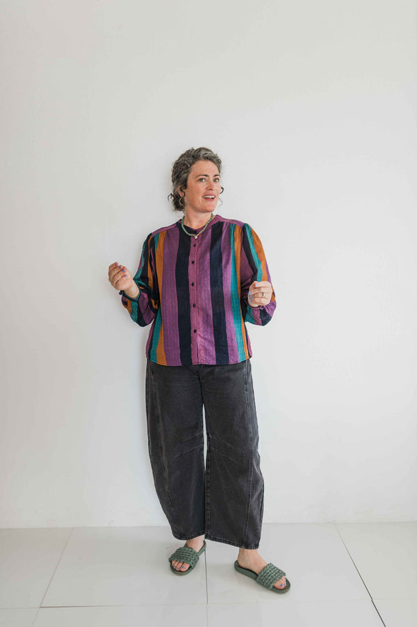 jewel tone button front top | stripes
