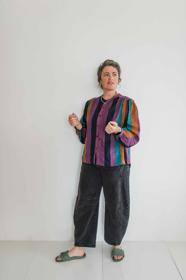 jewel tone button front top | stripes