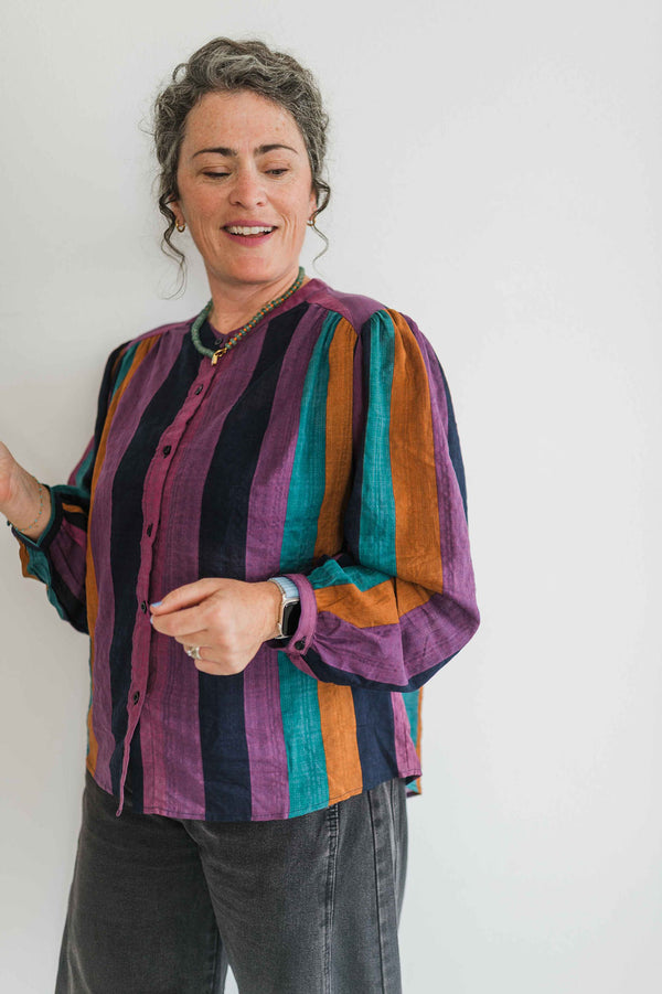 jewel tone button front top | stripes