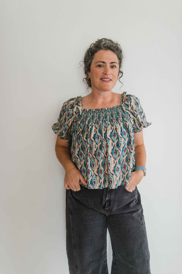 golden hour smocked peasant blouse | blue