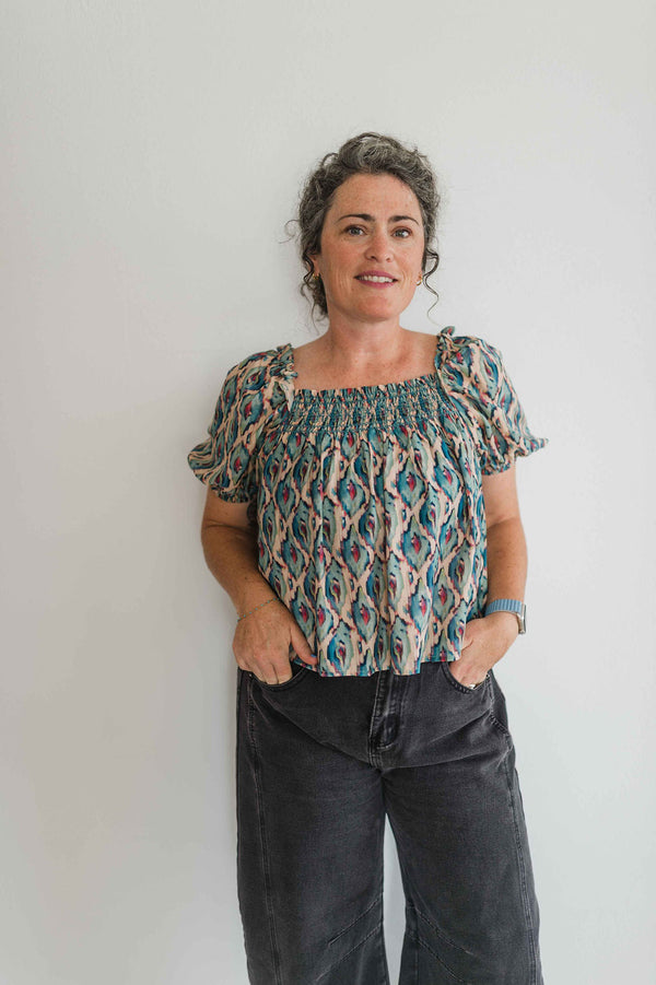 golden hour smocked peasant blouse | blue