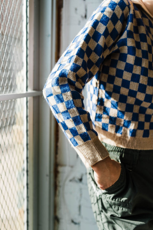 chessboard v-neck | blue + tan cardigan