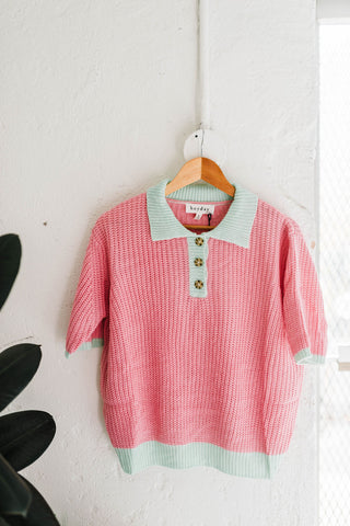 contrast short sleeve sweater | pink