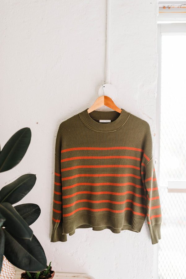 chunky knit stripe sweater | olive + red