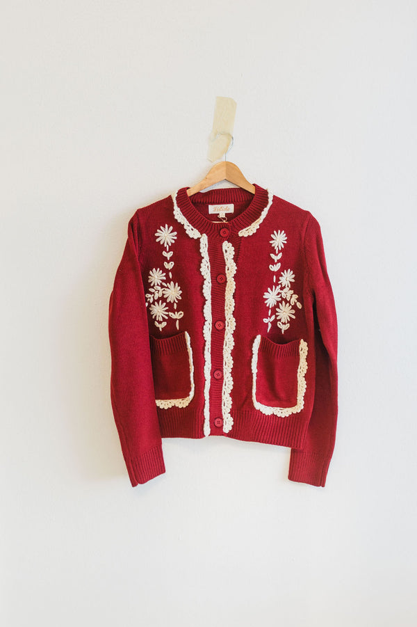 daisy embroidered trim cardigan sweater | crimson