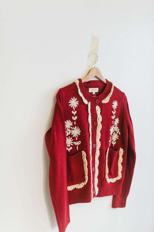 daisy embroidered trim cardigan sweater | crimson