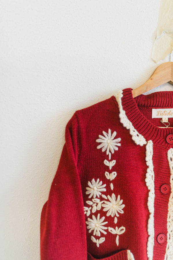 daisy embroidered trim cardigan sweater | crimson