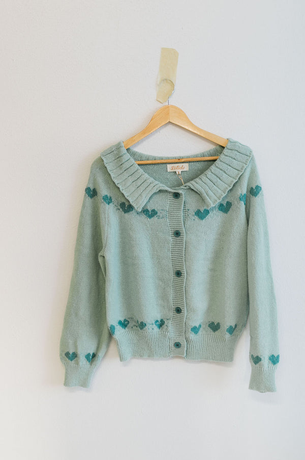 heart pattern knit cardigan | aqua mint
