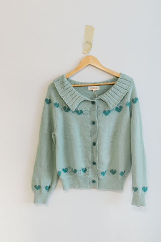 heart pattern knit cardigan | aqua mint