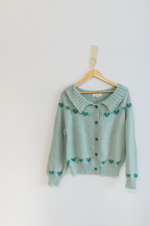 heart pattern knit cardigan | aqua mint