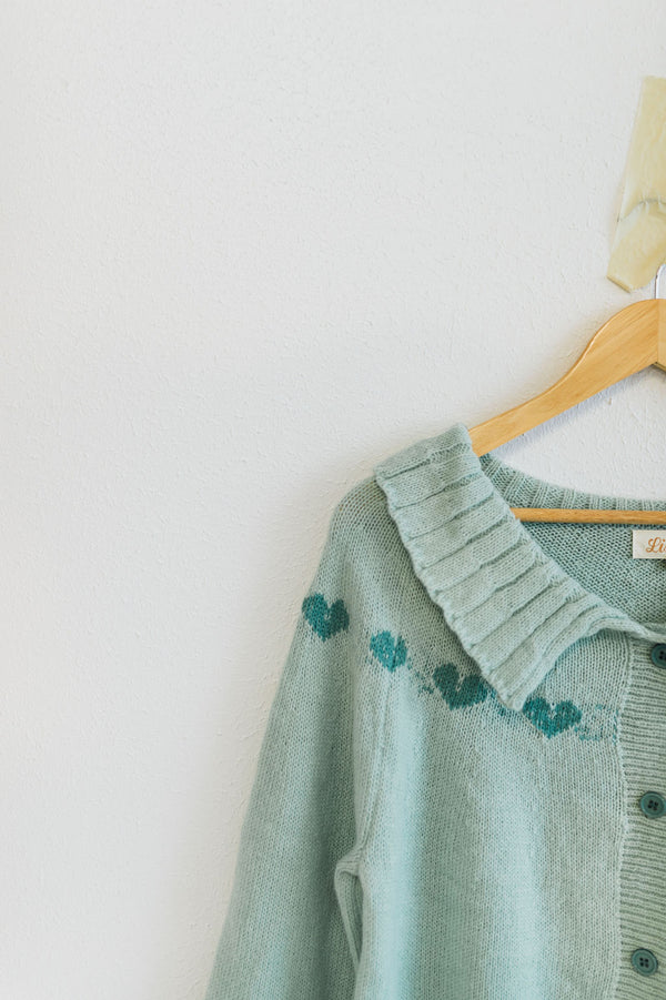 heart pattern knit cardigan | aqua mint