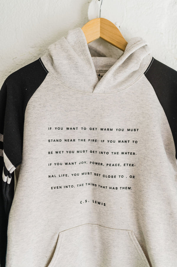 c.s. lewis | oatmeal + black varsity colorblock raglan hoodie